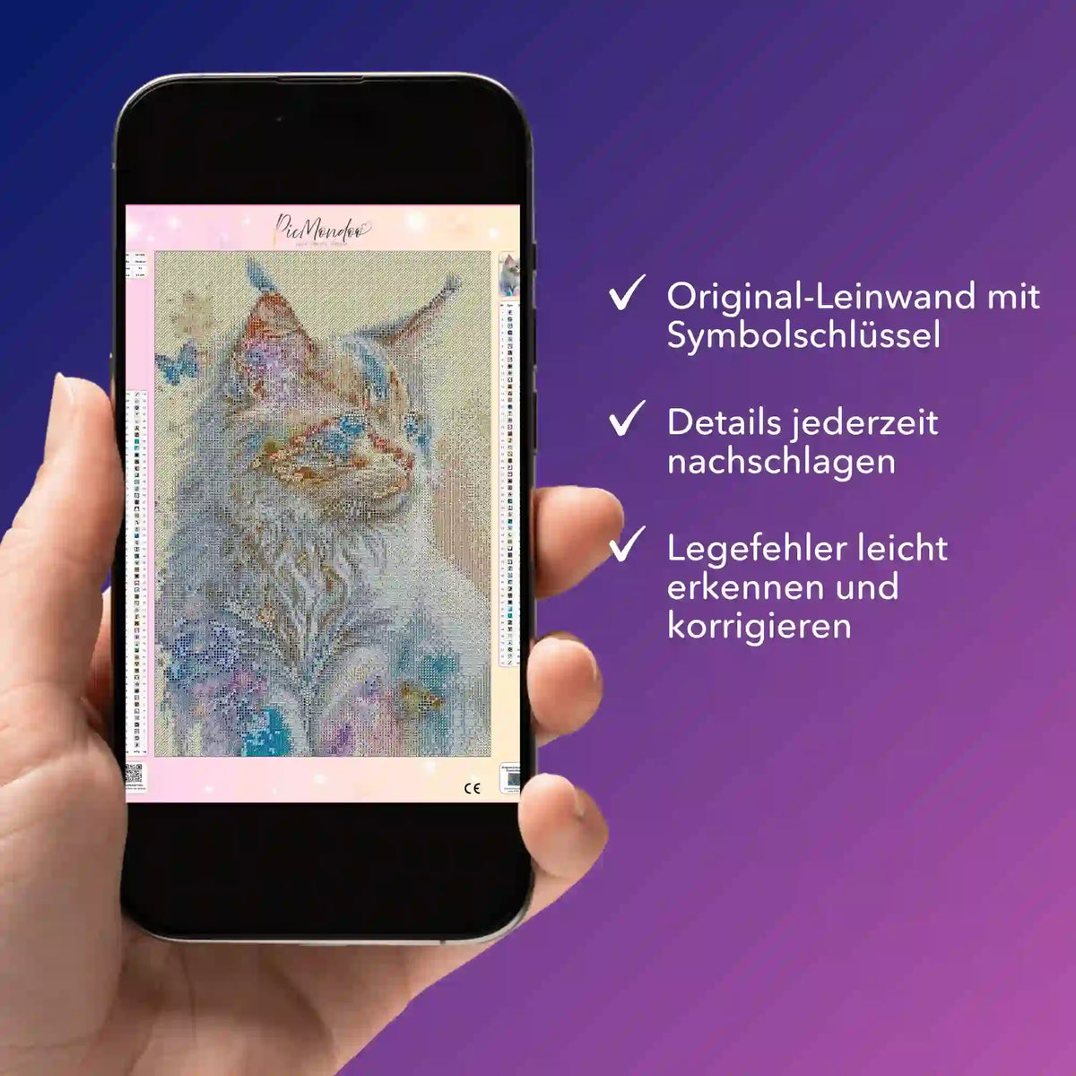 Digitale Diamond Painting Bildmappe als PDF auf Smartphone mit Katzenmotiv zur einfachen Kontrolle der Leinwand-Symbole.