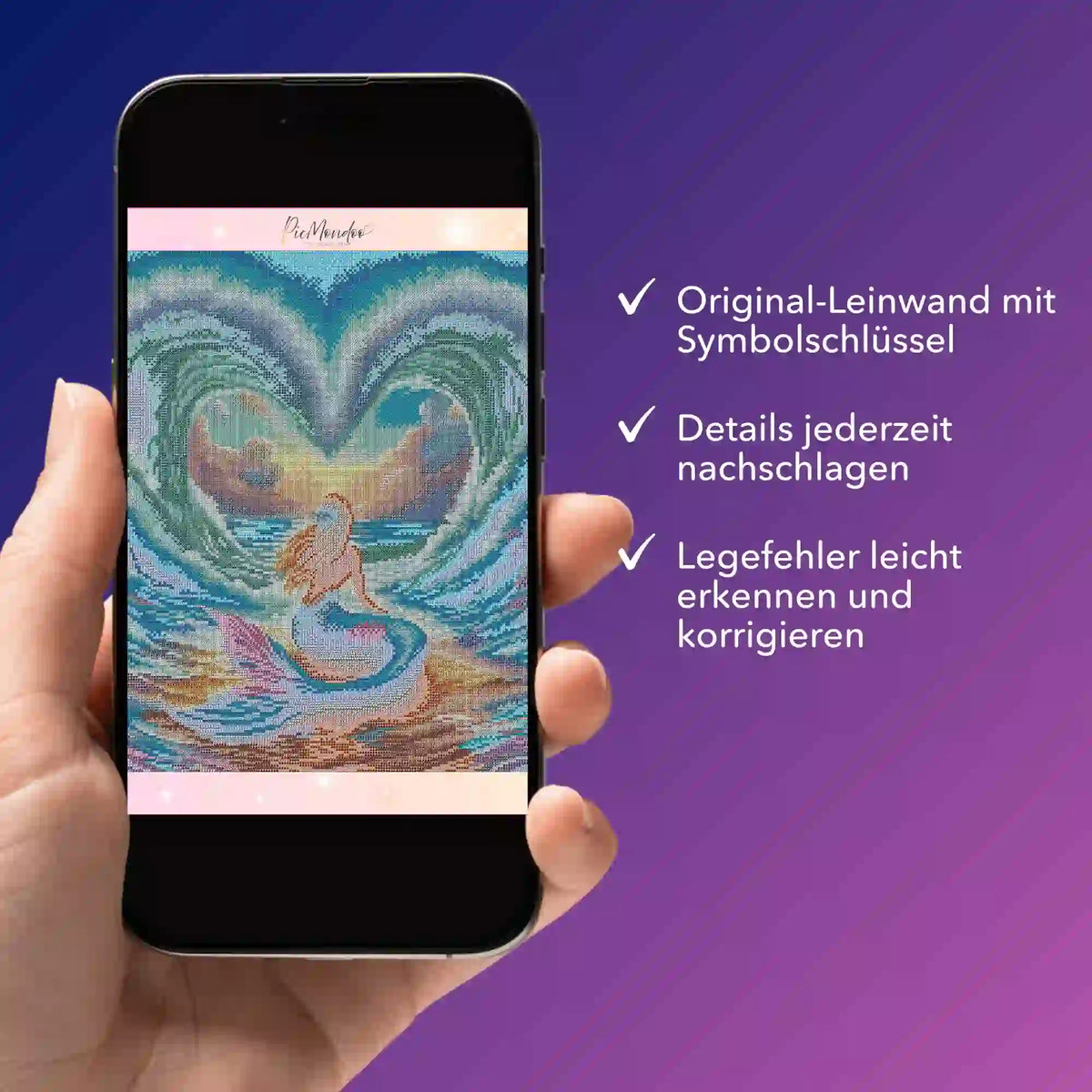 Digitale Diamond Painting Bildmappe als PDF auf Smartphone für das Motiv Liebe der Meerjungfrau von Picmondoo