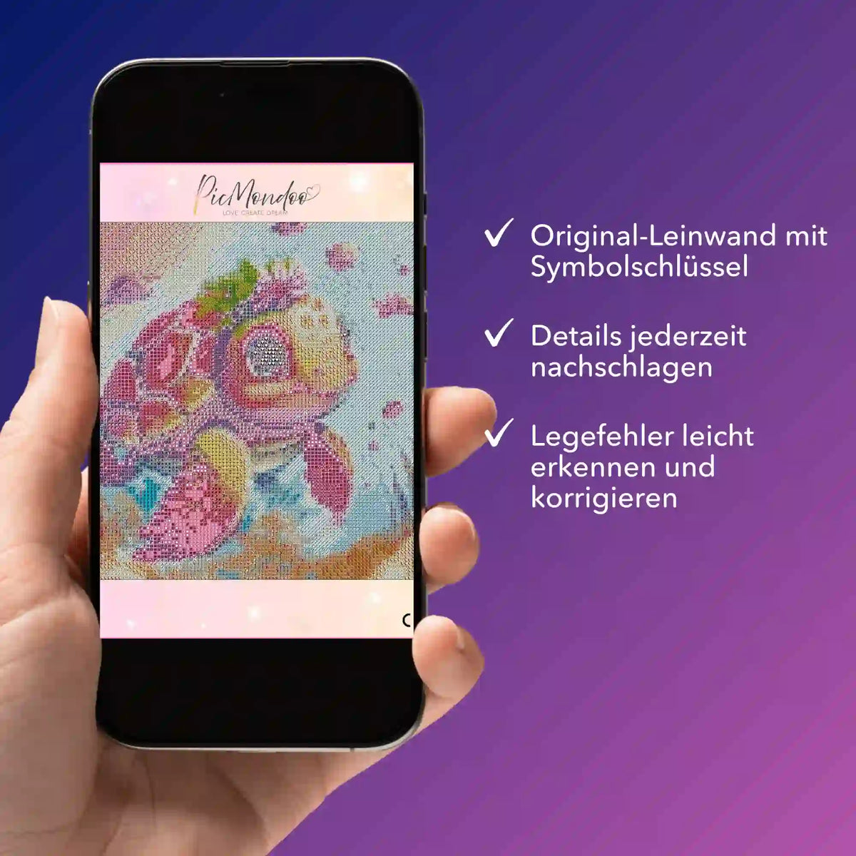 Digitale Diamond Painting Vorlage Schildkrötenmädchen als PDF auf Smartphone zur einfachen Korrektur von Legefehlern