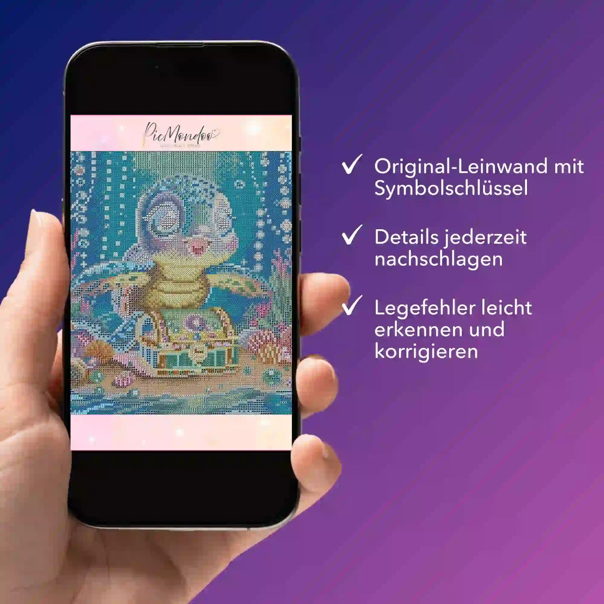 Digitale Diamond Painting Bildmappe auf Smartphone mit Motiv Kleiner Schatzwächter und Symbolübersicht zur Fehlerkorrektur