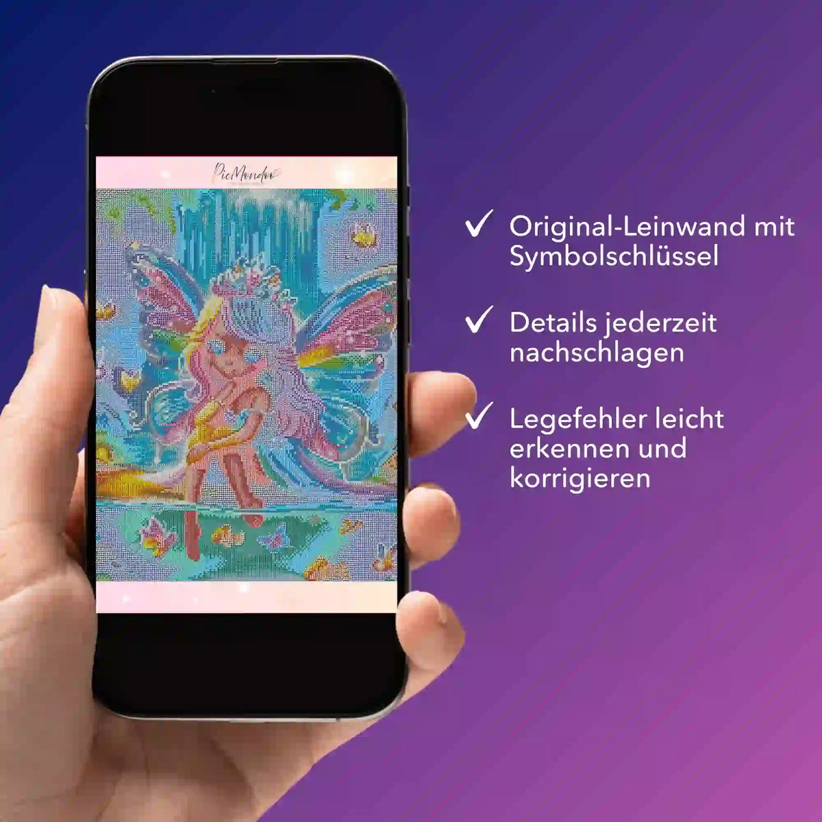 Digitale Diamond Painting Bildmappe mit Elfen-Motiv als PDF für einfache Fehlerkorrektur und als Referenz für Bastler.