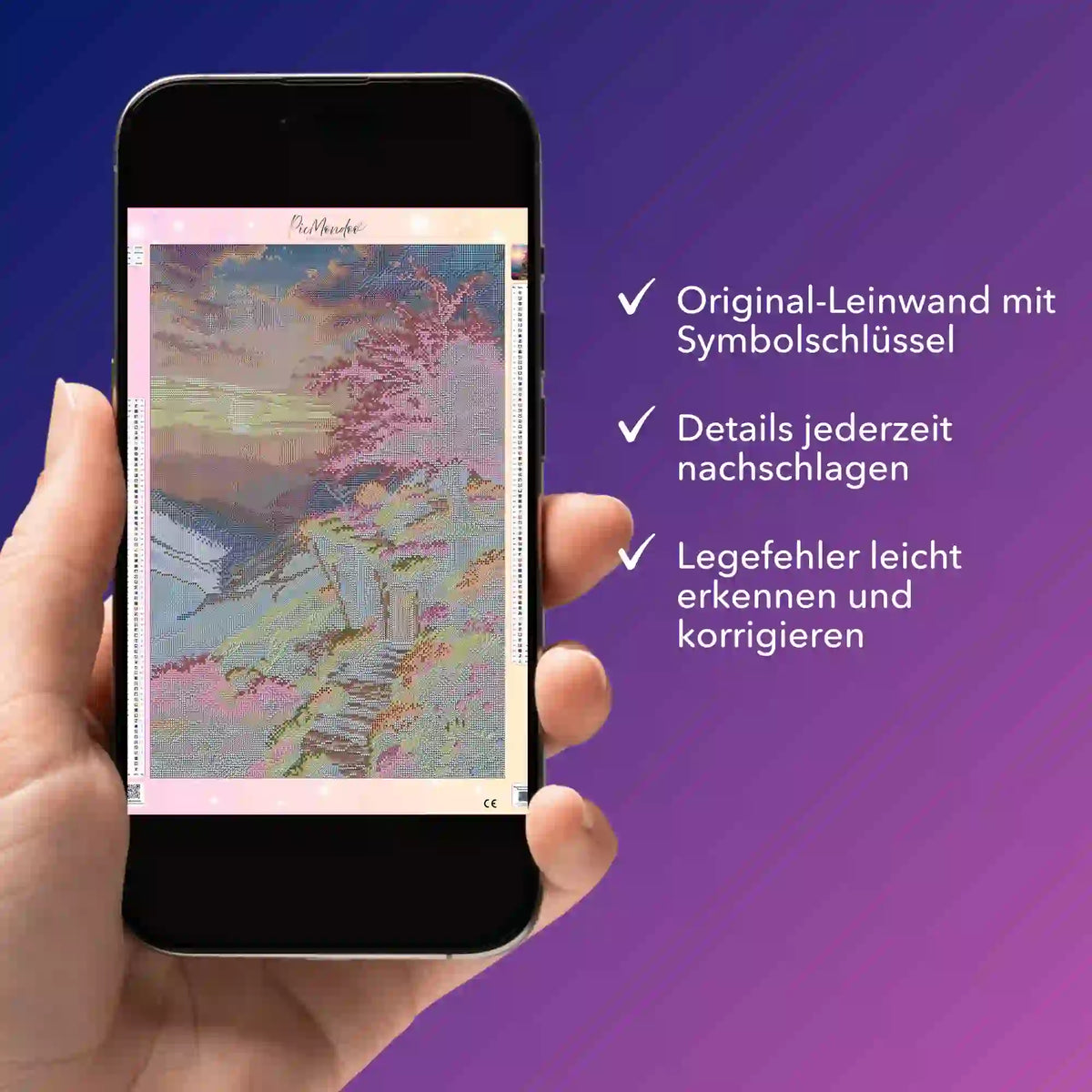 Digitale Diamond Painting Bildmappe als PDF auf einem Smartphone zur Ergänzung des Diamond Painting Sets Morgendämmerung.