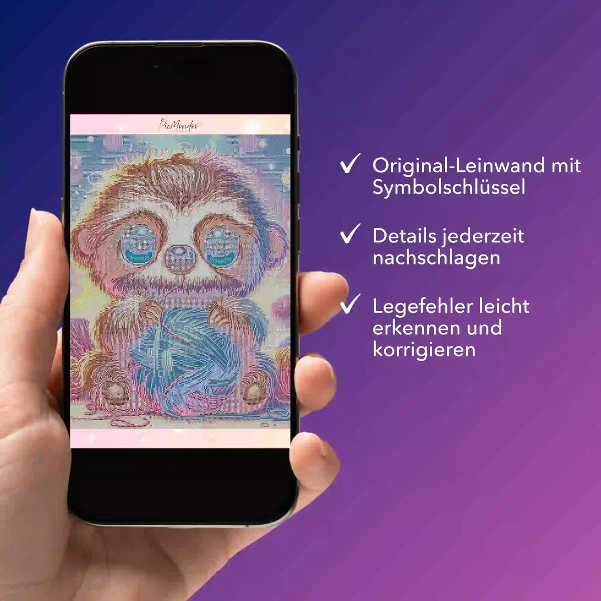 Digitale Diamond Painting Bildmappe als PDF auf Smartphone für das Motiv Otto Wollo zur einfachen Fehlerkontrolle