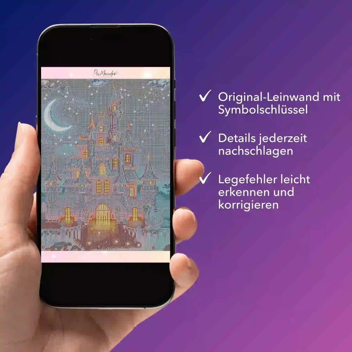 Digitale Diamond Painting Bildmappe als PDF mit Nachtschloss-Motiv auf dem Smartphone zur Kontrolle von Legefehlern.