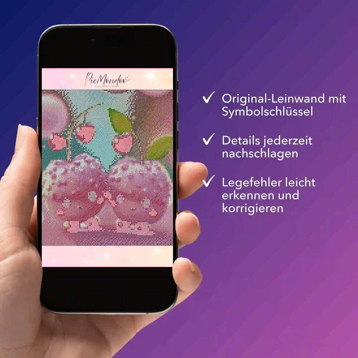 Digitale Picmondoo Bildmappe für Diamond Painting als PDF mit Sweet Cherrys Motiv und detailliertem Symbolschlüssel.