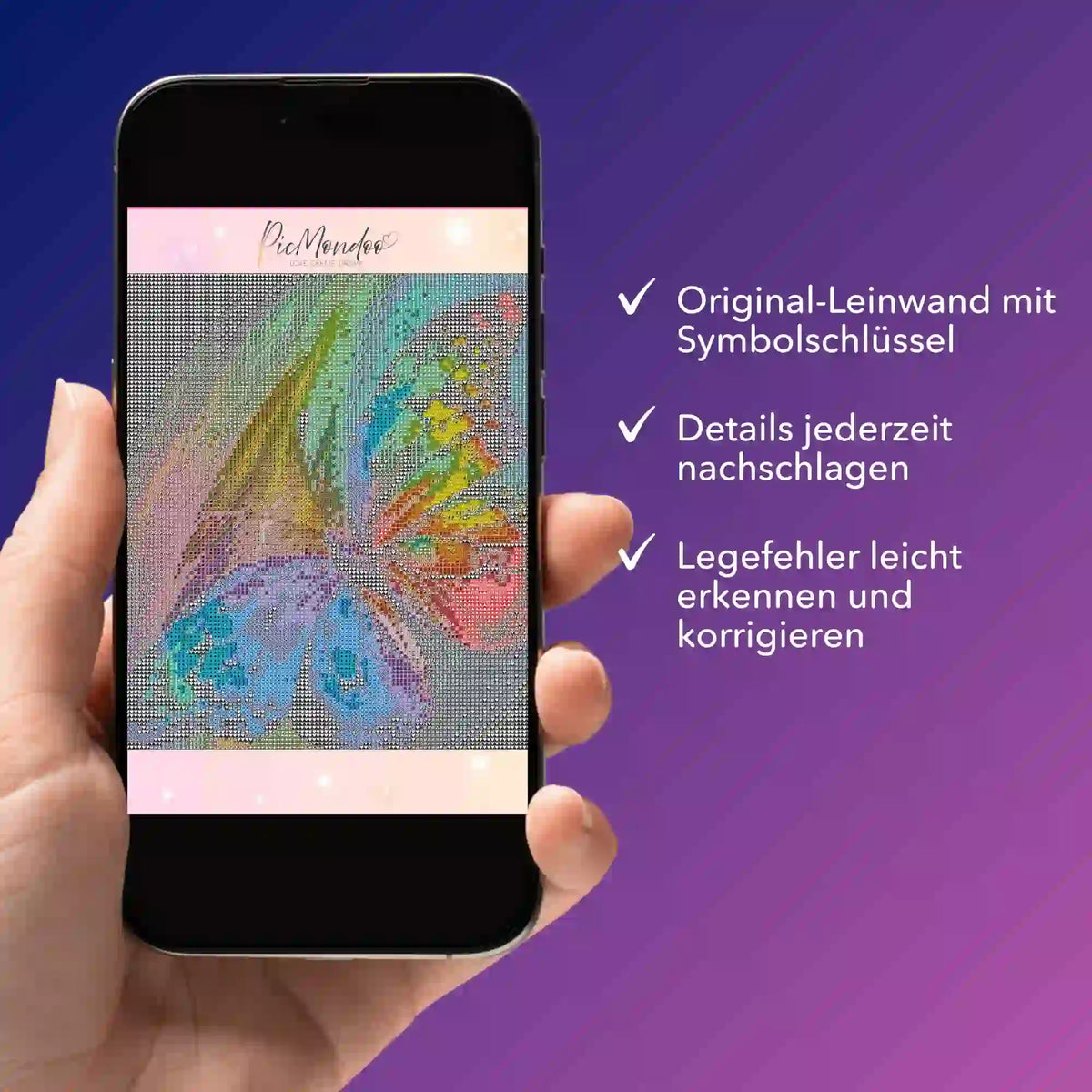 Digitale Diamond Painting Bildmappe als PDF auf Smartphone mit buntem Schmetterlings-Motiv für kreative DIY-Projekte