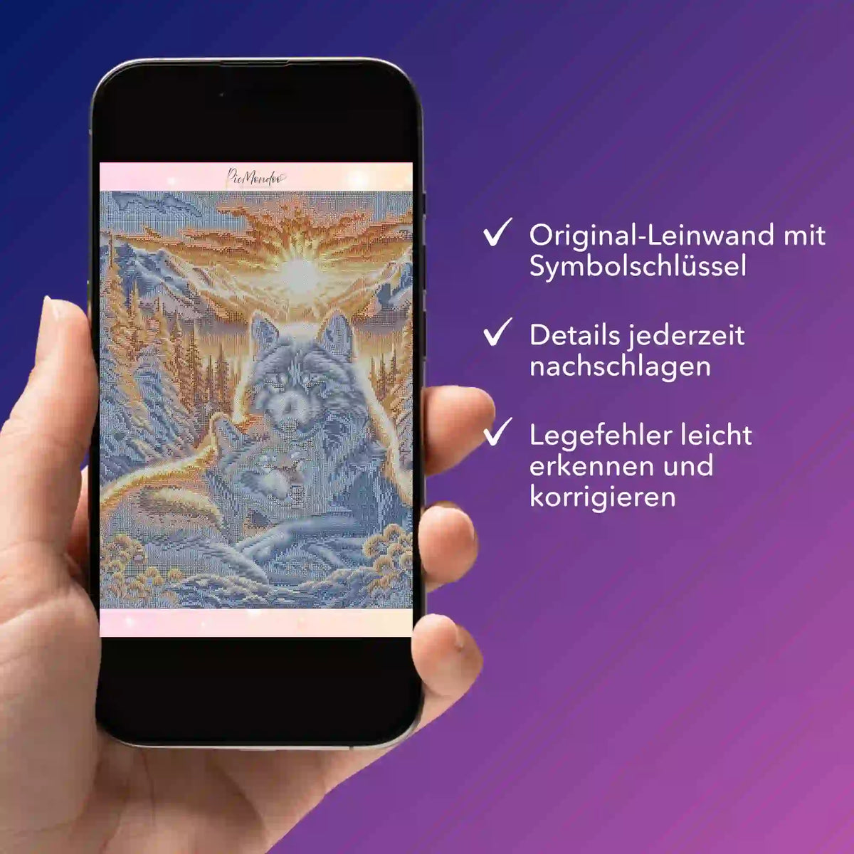 Digitale Diamond Painting Bildmappe als PDF für Wolfliebe-Motiv auf Smartphone zur Kontrolle der Symbole und Details