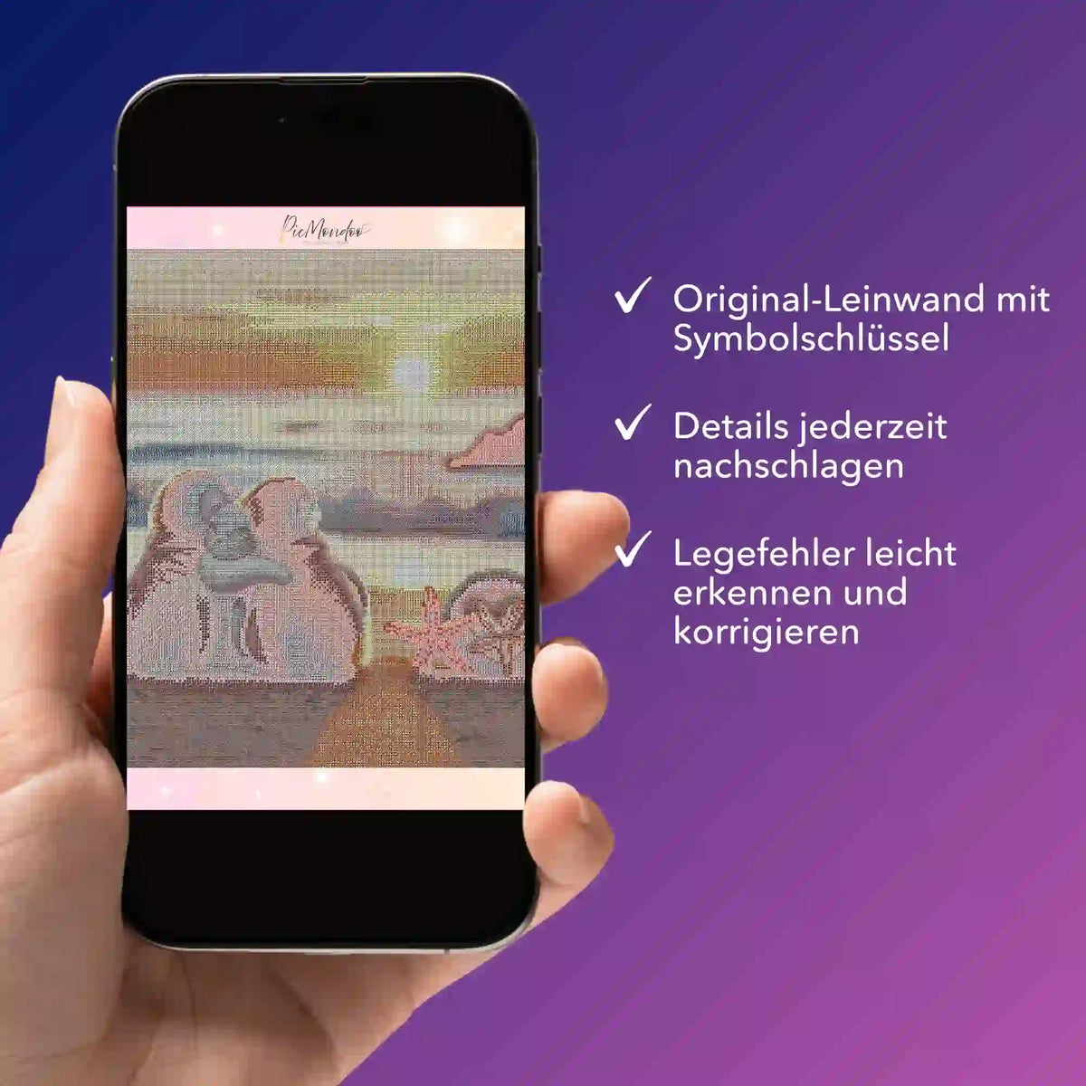 Digitale Diamond Painting Bildmappe als PDF auf einem Smartphone mit Motiv Happy Family am Strand