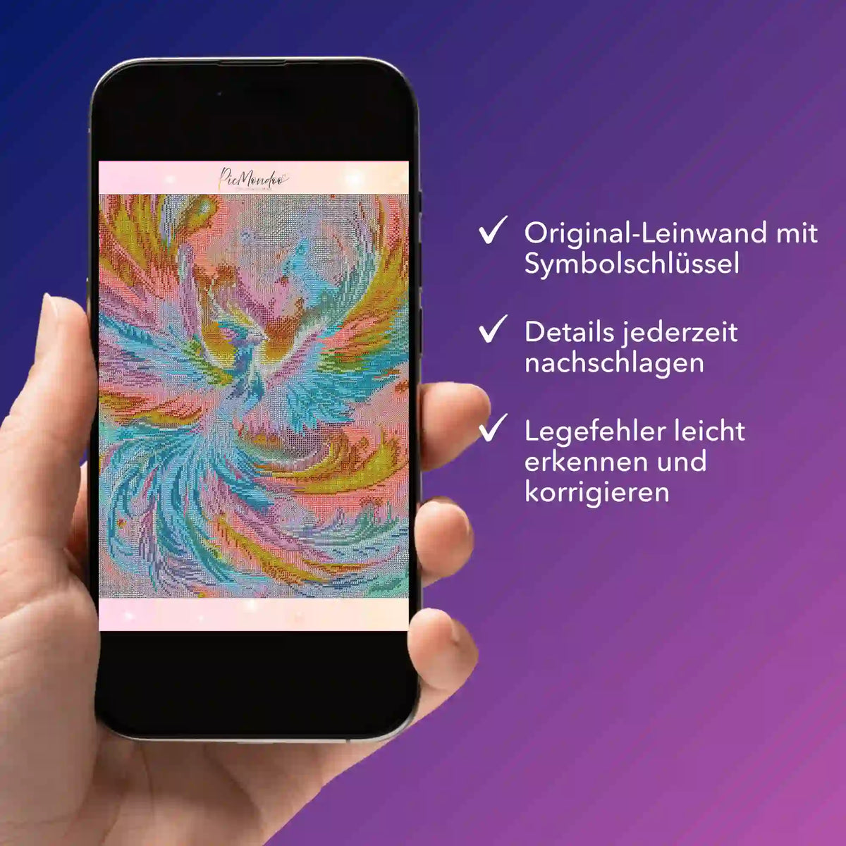 Digitale Picmondoo Diamond Painting Bildmappe als PDF mit farbenfrohem Phönix-Motiv auf Smartphone-Display