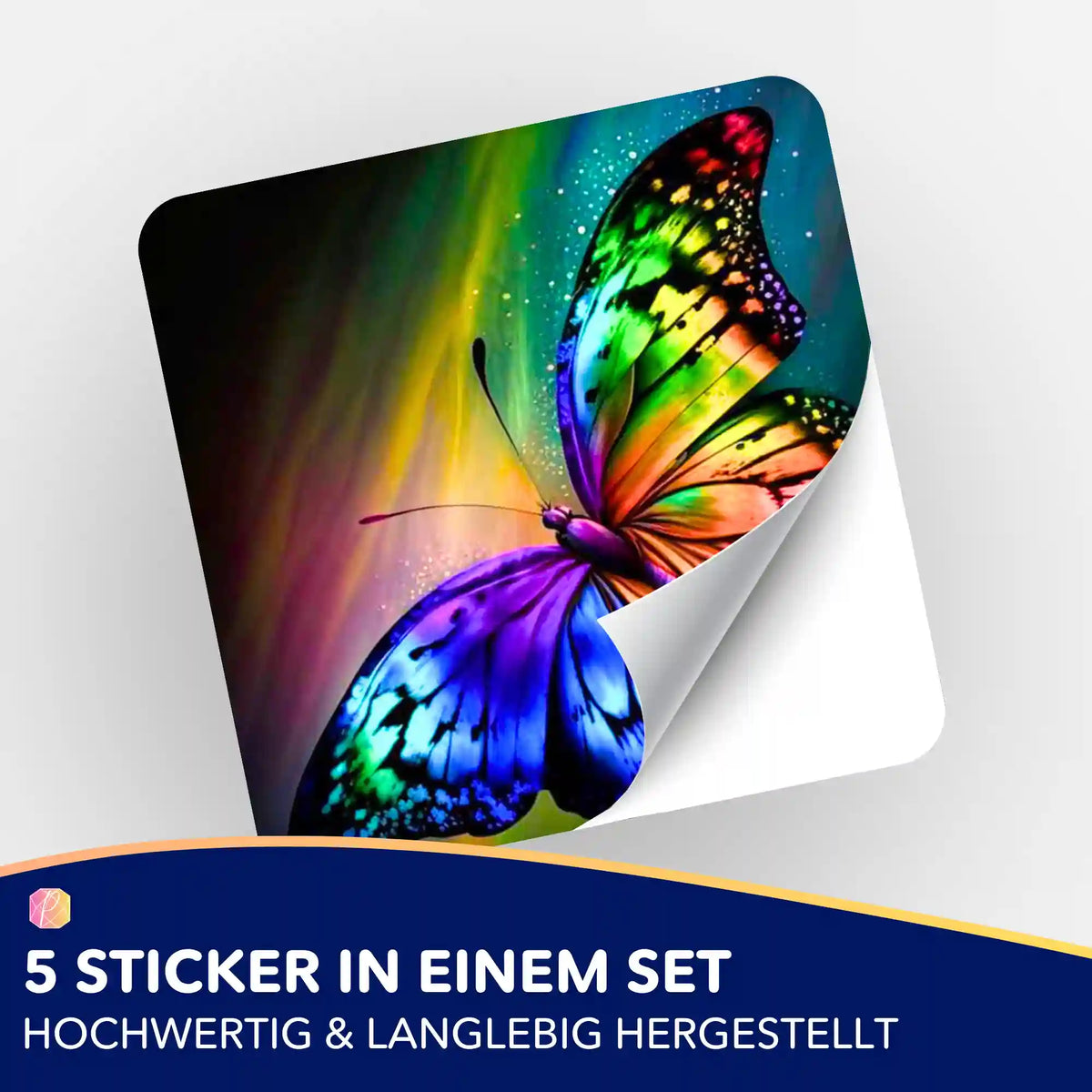 Bunter Schmetterling Aufkleber im 5er-Set als Zubehör für Diamond Painting und kreative DIY-Bastelprojekte.