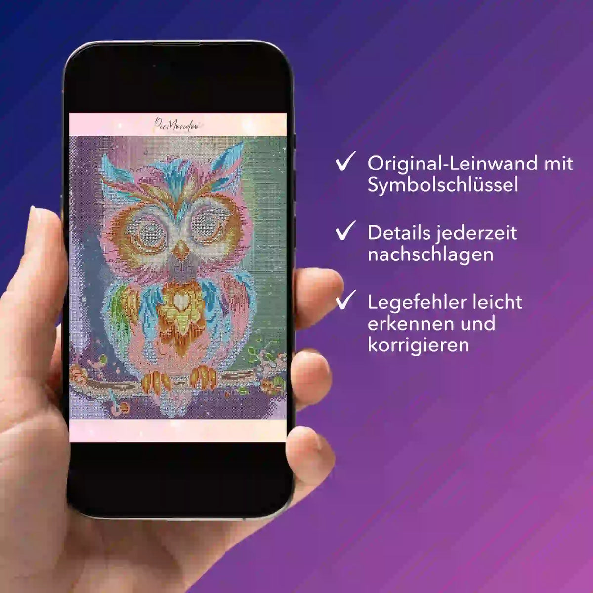 Digitale Diamond Painting Vorlage Eule Fridolin als PDF auf dem Smartphone für einfache Fehlerkorrektur