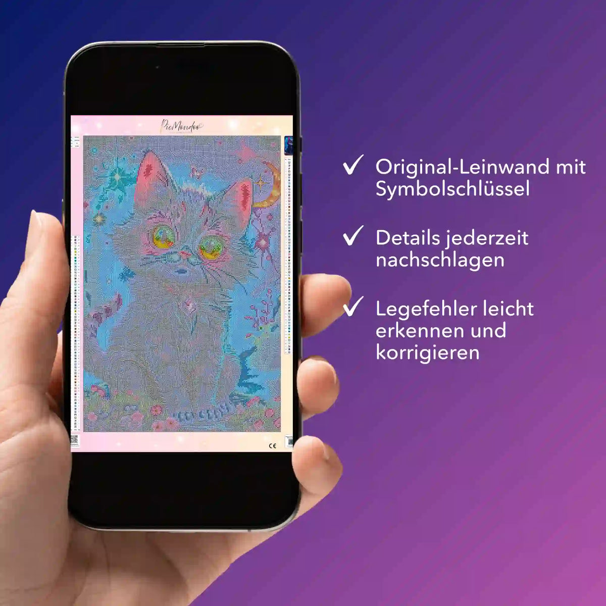 Digitale Diamond Painting Bildmappe als PDF auf Smartphone mit Night Cat Motiv und Symbolschlüssel für einfache Korrekturen