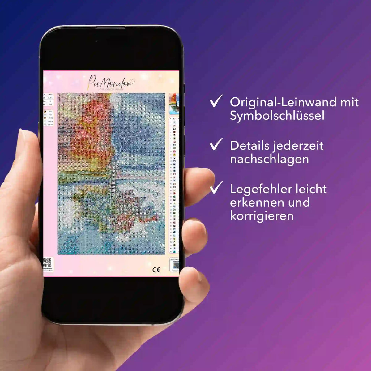 Digitale Diamond Painting Bildmappe auf Smartphone zur Kontrolle der Leinwand-Details und Fehlerkorrektur mit Baum-Motiv