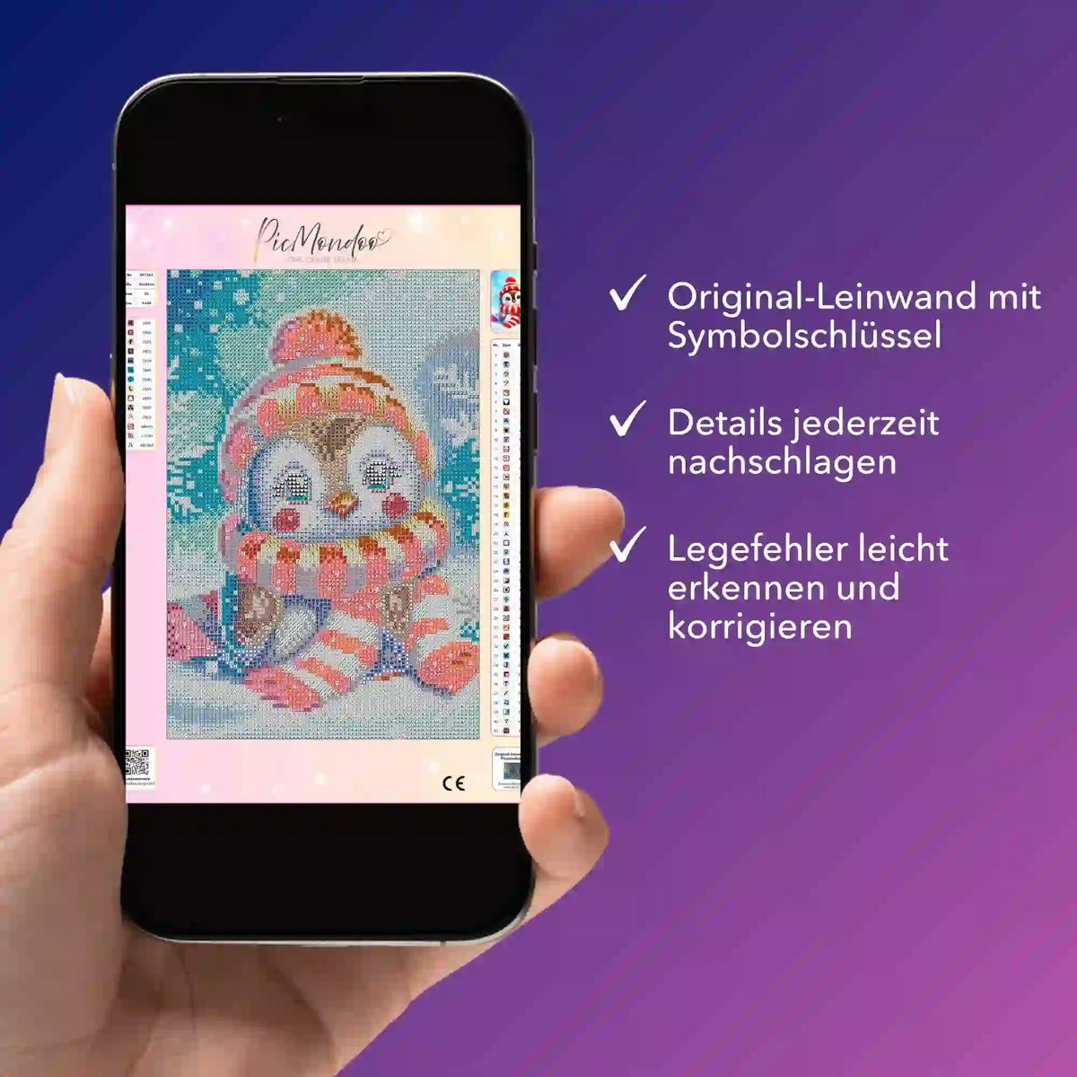 Digitale Diamond Painting Bildmappe mit Pinguin-Motiv zur Kontrolle von Vorlage und Symbolebene auf dem Smartphone.
