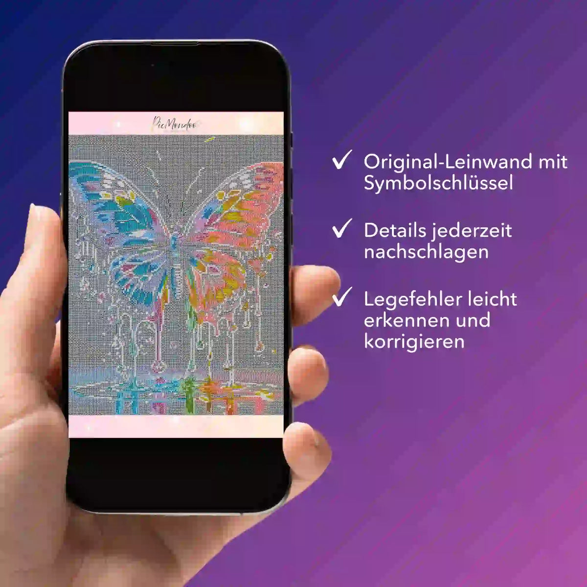 Digitale Diamond Painting Bildmappe mit Schmetterlings-Motiv auf dem Smartphone für einfaches Diamond Painting Design.