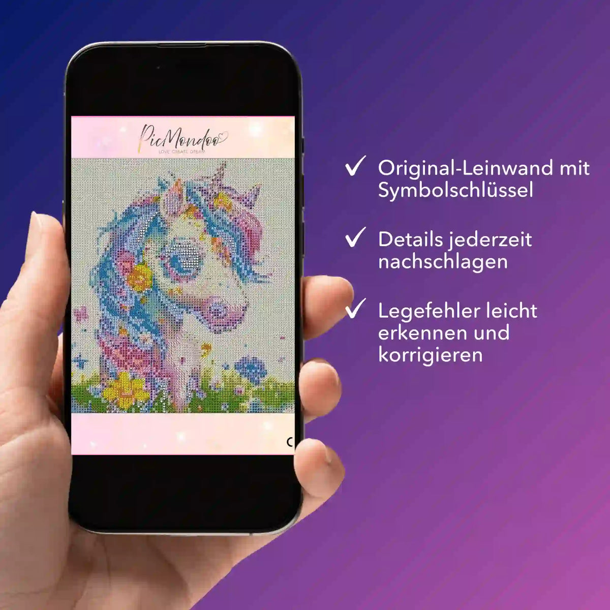 Digitale Diamond Painting Bildmappe mit Einhorn-Motiv von Picmondoo auf dem Smartphone zur Kontrolle von Legefehlern.