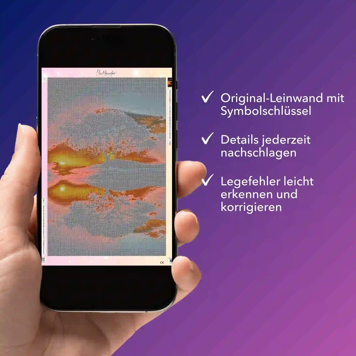 Digitale Diamond Painting Bildmappe als PDF auf Smartphone für das Motiv Baum im Sonnenuntergang