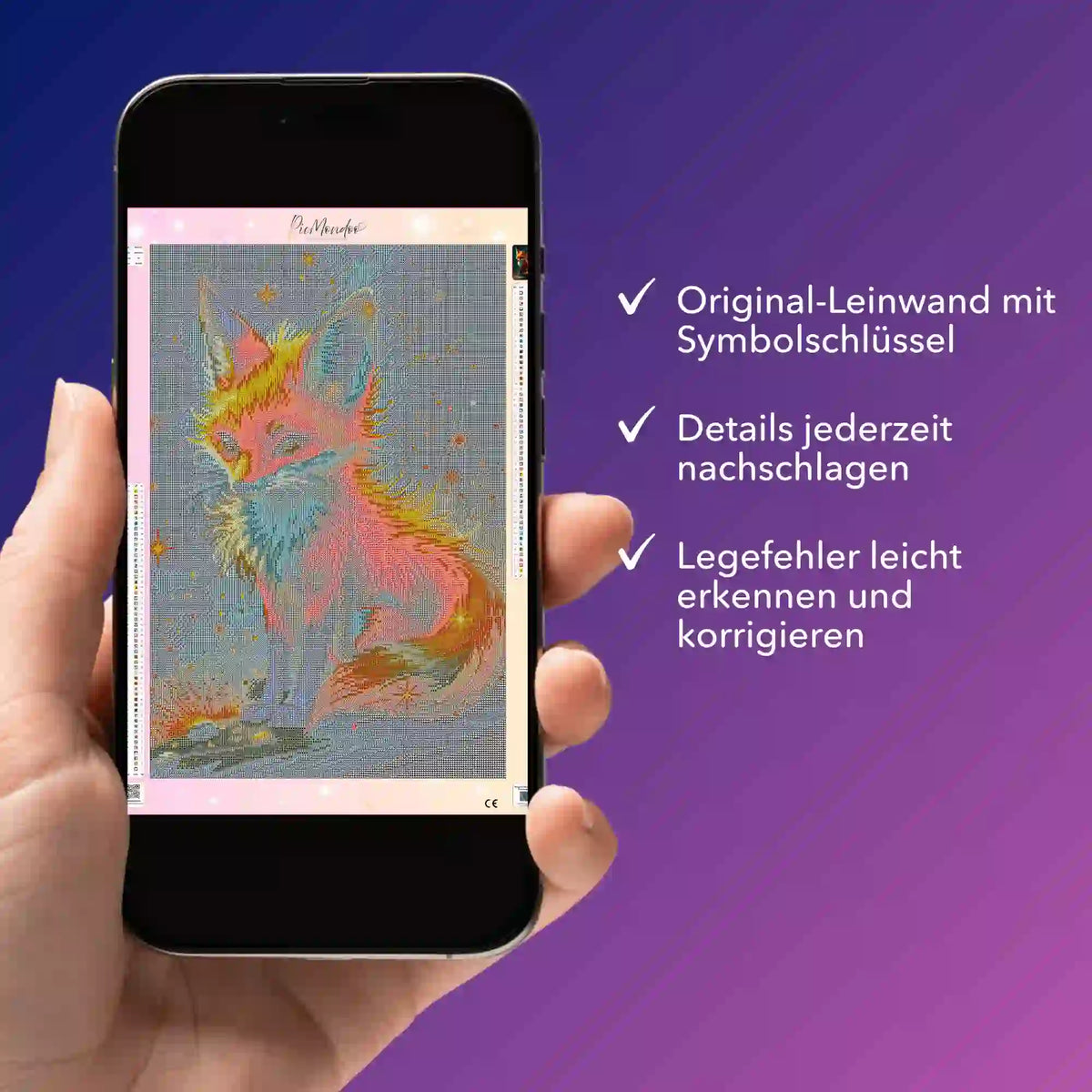 Digitale Diamond Painting Bildmappe als PDF mit Foxy Motiv auf Smartphone für einfaches Diamond Painting Design