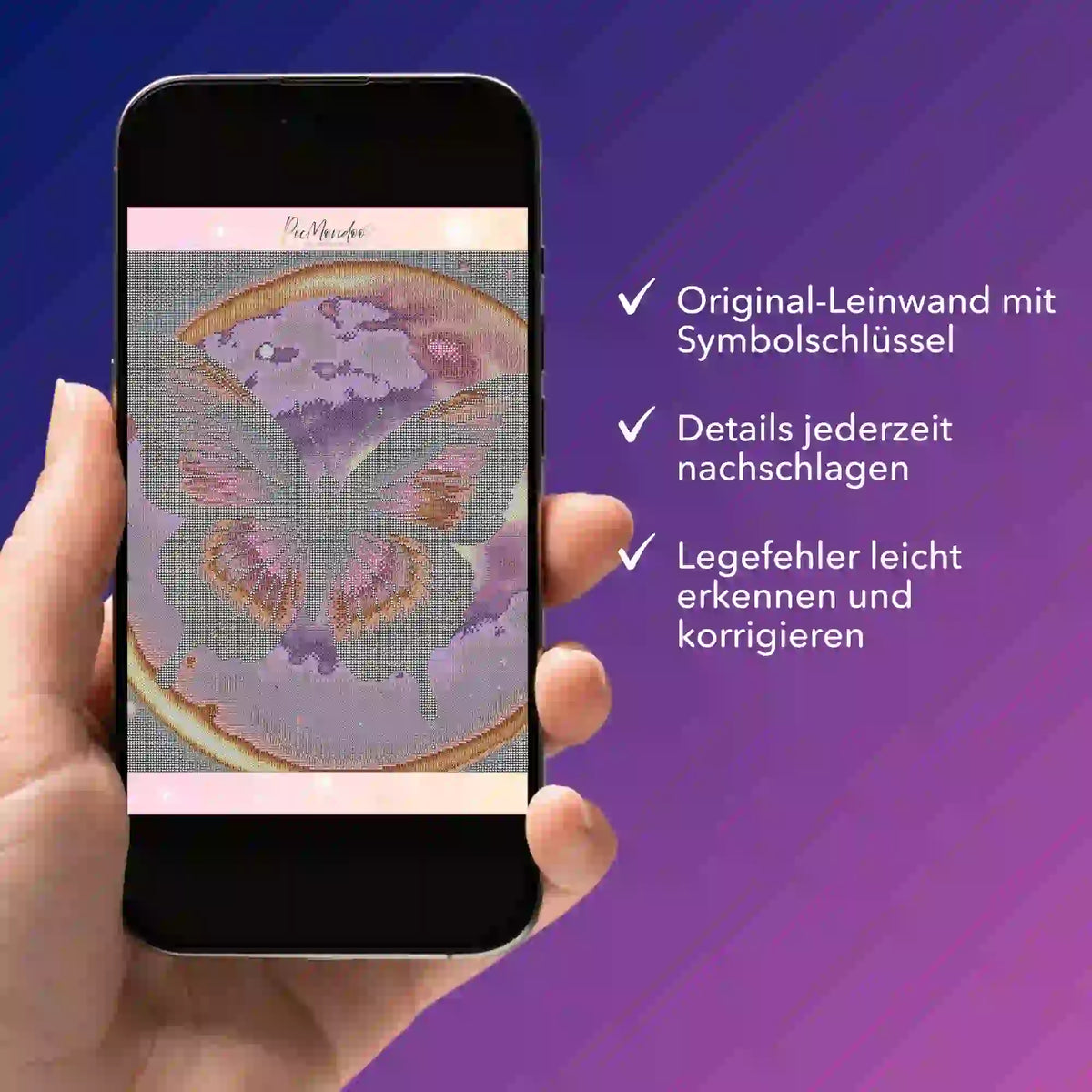 Digitale Diamond Painting Bildmappe Purple Moon als PDF auf Smartphone zur Kontrolle von Symbolschlüssel und Details
