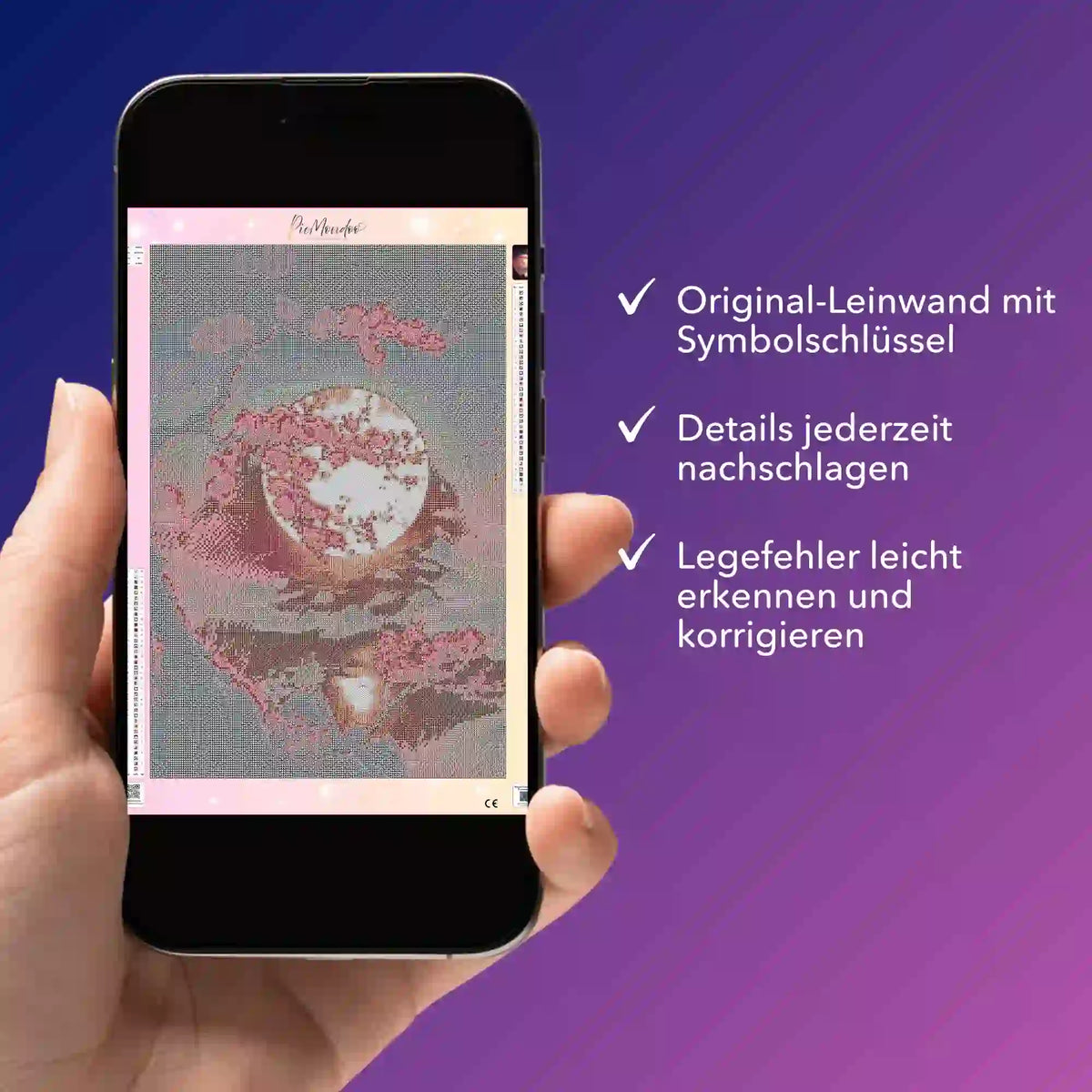 Digitale Diamond Painting Bildmappe als PDF auf Smartphone für das Motiv Kirschblüten im Mondschein von Picmondoo