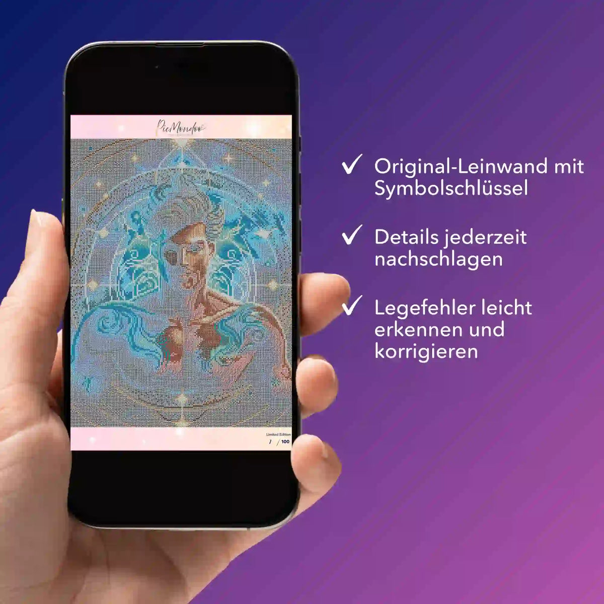 Digitale Diamond Painting Bildmappe für das Motiv Sternzeichen Wassermann von Picmondoo auf einem Smartphone angezeigt.