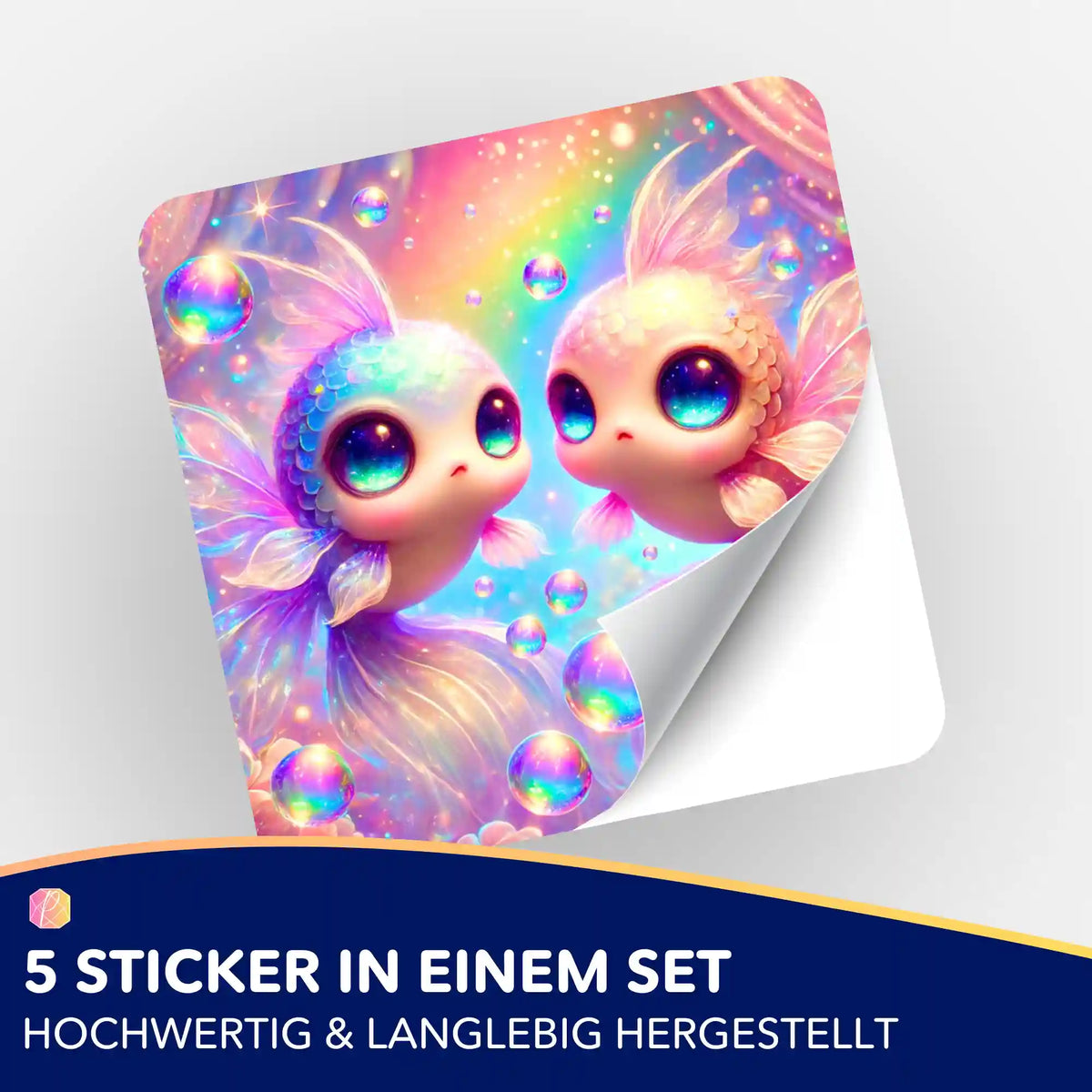 5er-Set Aufkleber für Diamond Painting mit buntem Glitzerwelt-Motiv: zwei süße Fische in einem magischen Regenbogen-Design.