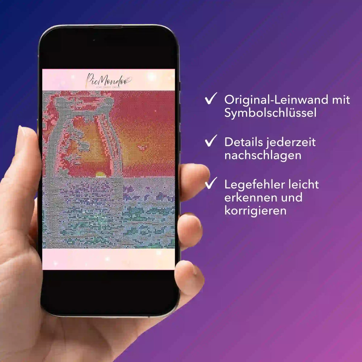 Digitale Diamond Painting Bildmappe als PDF auf Smartphone für Roter Sonnenuntergang Motiv mit Symbolschlüssel