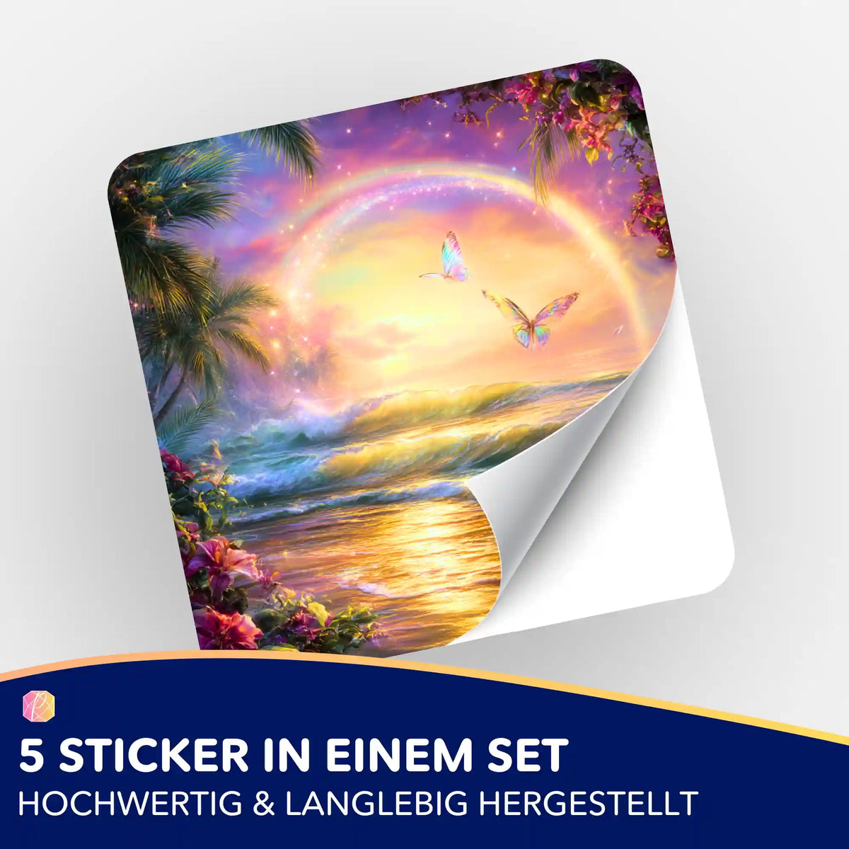 5er-Set Aufkleber für Diamond Painting Zubehör mit farbenfrohem Motiv von Strand, Meer, Regenbogen und Schmetterlingen.