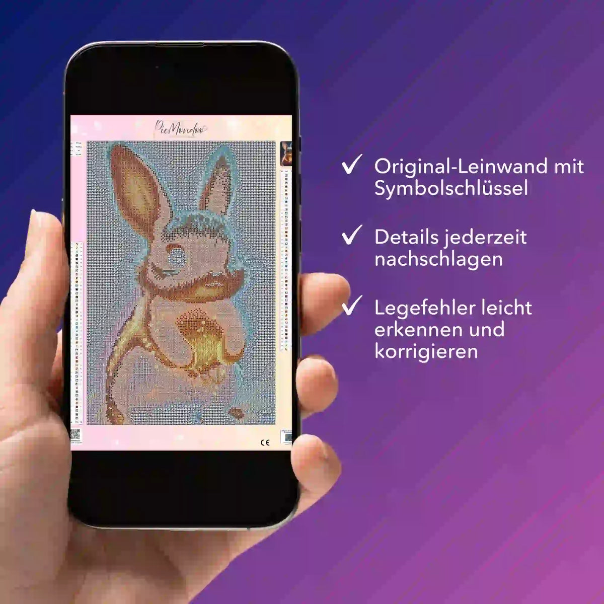 Digitale Diamond Painting Bildmappe als PDF auf Smartphone mit Häschen Motiv und Symbolschlüssel