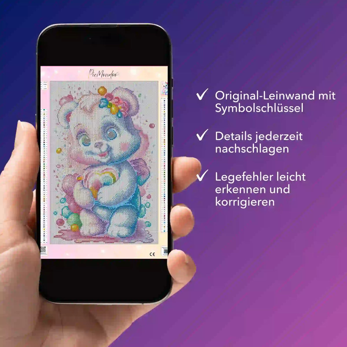 Digitale Diamond Painting Bildmappe als PDF auf Smartphone für Herzensbärchen Motiv mit Symbolschlüssel für einfache Hilfe