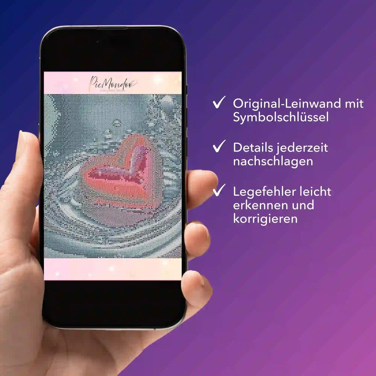 Digitale Diamond Painting Bildmappe als PDF auf Smartphone zur einfachen Vorlagenkontrolle bei der Leinwandgestaltung.