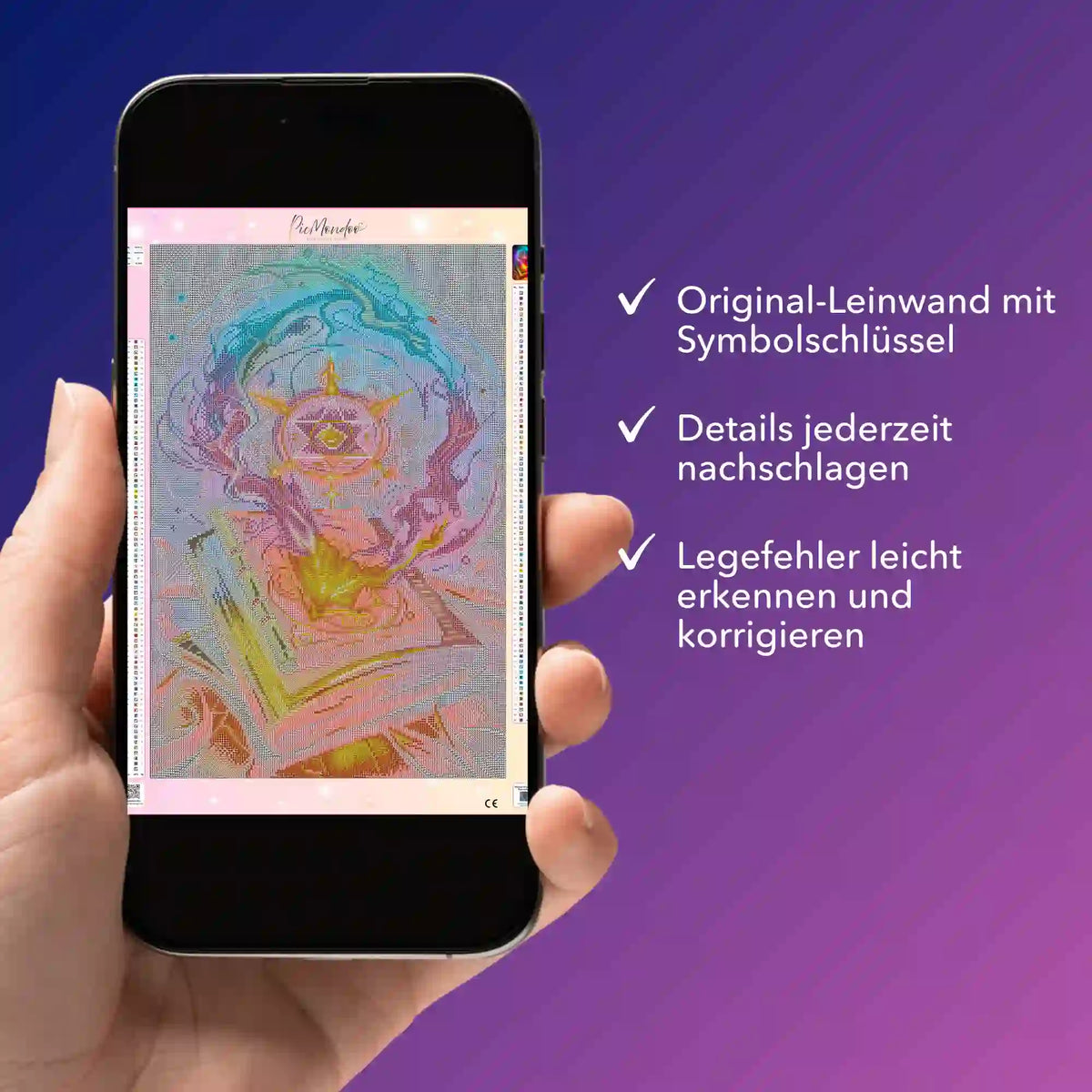 Digitale Diamond Painting Bildmappe als PDF auf Smartphone für perfekte Details beim Diamanten Painting von Picmondoo.