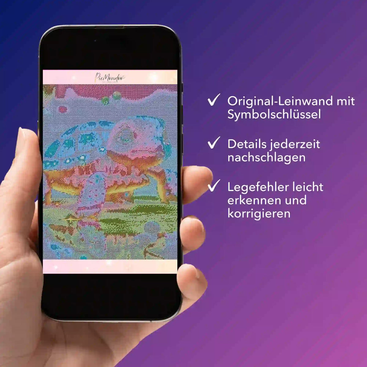 Digitale Diamond Painting Bildmappe als PDF auf Smartphone für eine Schildkröte mit Symbolschlüssel zur Kontrolle