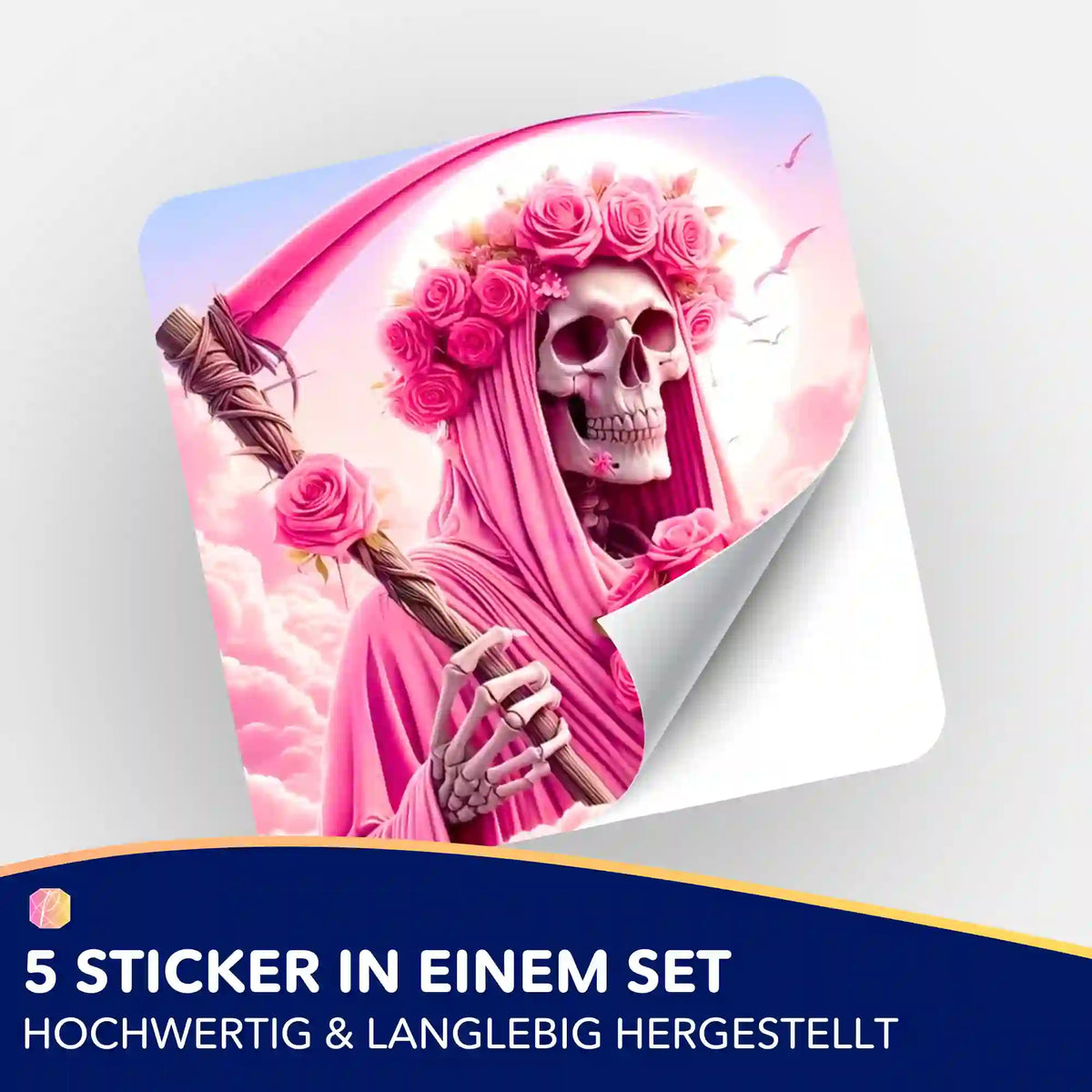 5er-Set Sticker mit Totenkopf-Motiv und Rosen für Diamond Painting Organisation, hochwertiges Design in Pink.