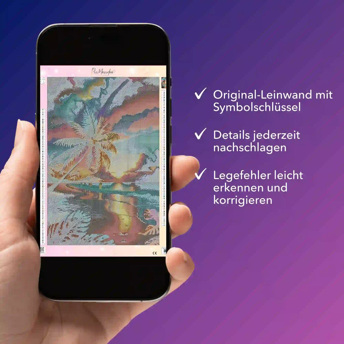 Digitale Bildmappe für Diamond Painting auf Smartphone mit Palme im Abendhimmel als Motivvorlage von Picmondoo.