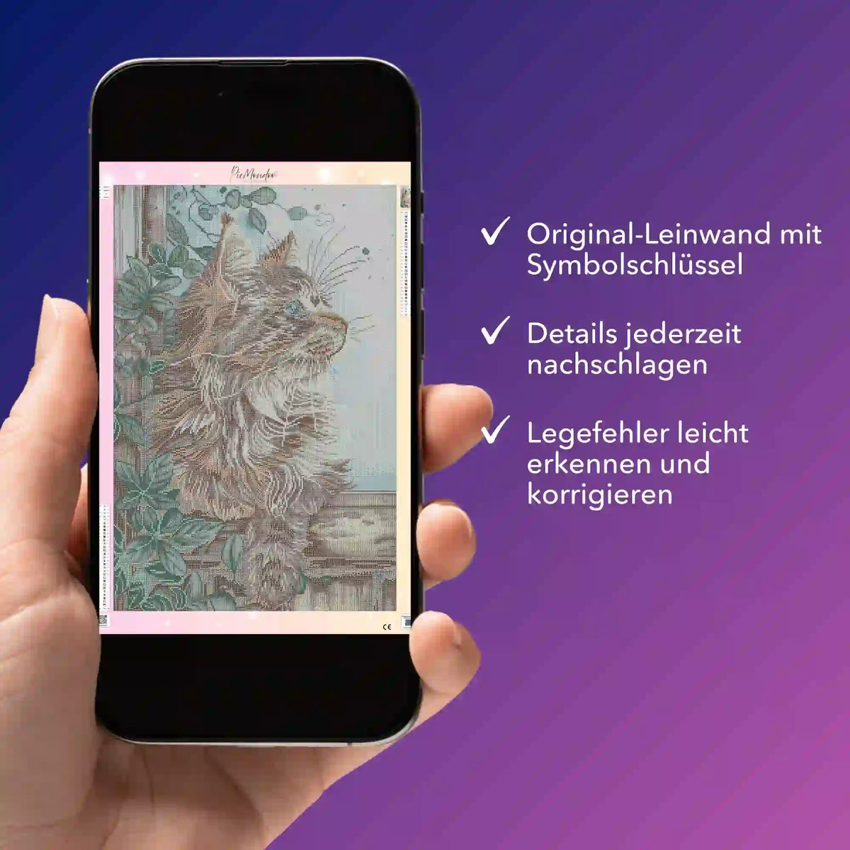 Digitale Diamond Painting Bildmappe für Kater Cosimo auf Smartphone mit Leinwanddetails und Symbolschlüssel