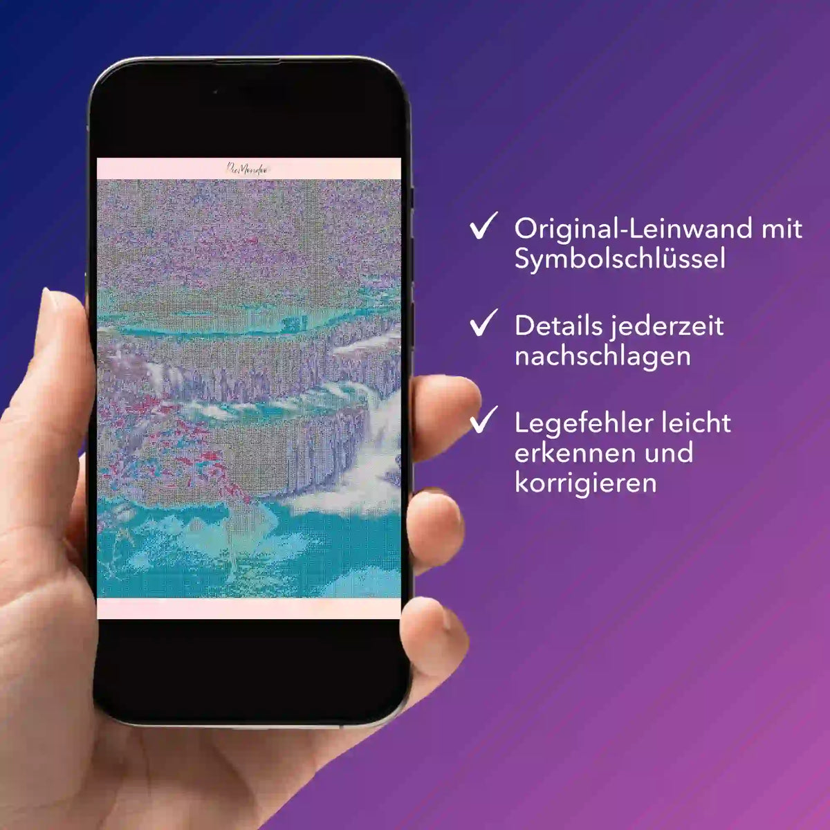 Digitale Diamond Painting Bildmappe als PDF auf Smartphone für bequeme Motivübersicht und Fehlerkorrektur