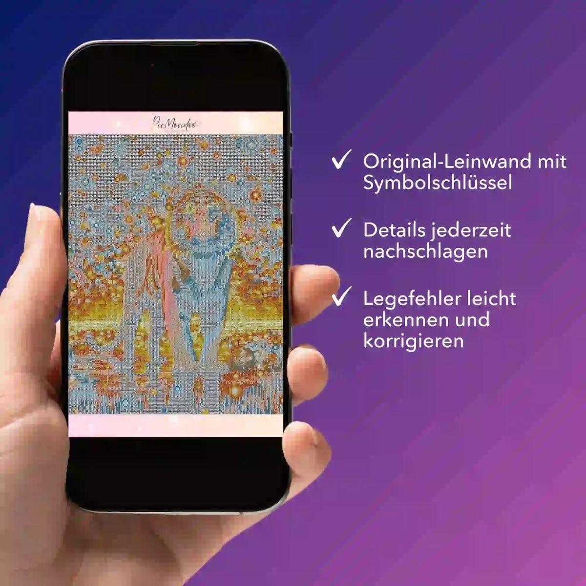 Digitale Diamond Painting Bildmappe Sternenwächter auf Smartphone zur Kontrolle der Leinwand und Symbole
