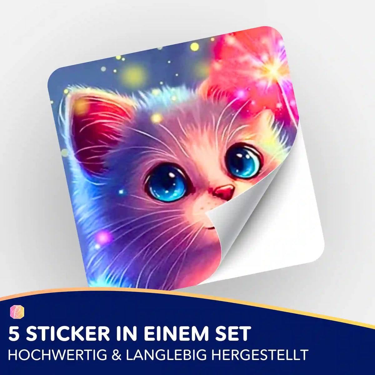 5er-Set Zauberkätzchen Aufkleber für Diamond Painting Organisation mit buntem Kätzchen-Motiv und Glitzereffekt