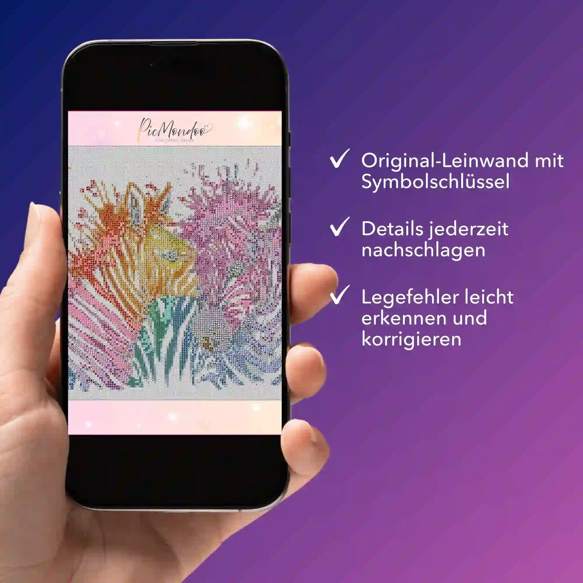 Digitale Picmondoo Diamond Painting Bildmappe mit buntem Zebra-Motiv als PDF für einfache Fehlerkorrekturen