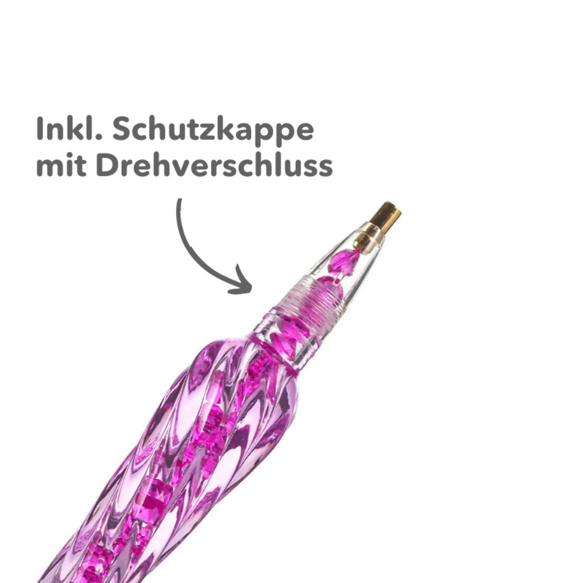 Pinker Twister Diamond Painting Stift mit glitzerndem Design und praktischer Schutzkappe für präzises Arbeiten.