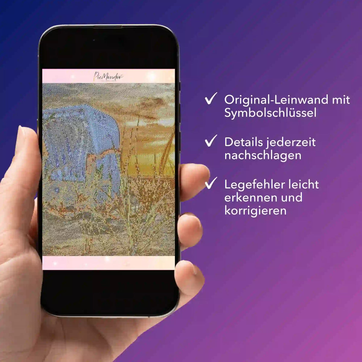 Digitale Diamond Painting Bildmappe auf dem Smartphone für eine einfache Fehlerkontrolle der Leinwand Details