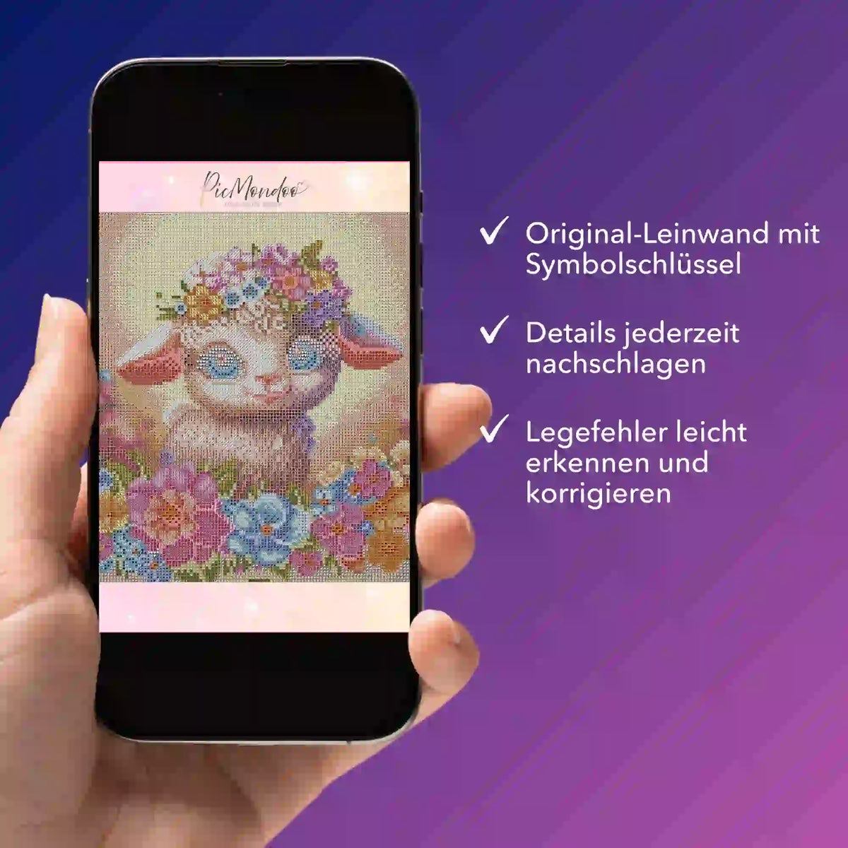 Smartphone mit digitaler Diamond Painting Vorlage Osterlämmchen Lupina und Symbolschlüssel zur Fehlerkontrolle