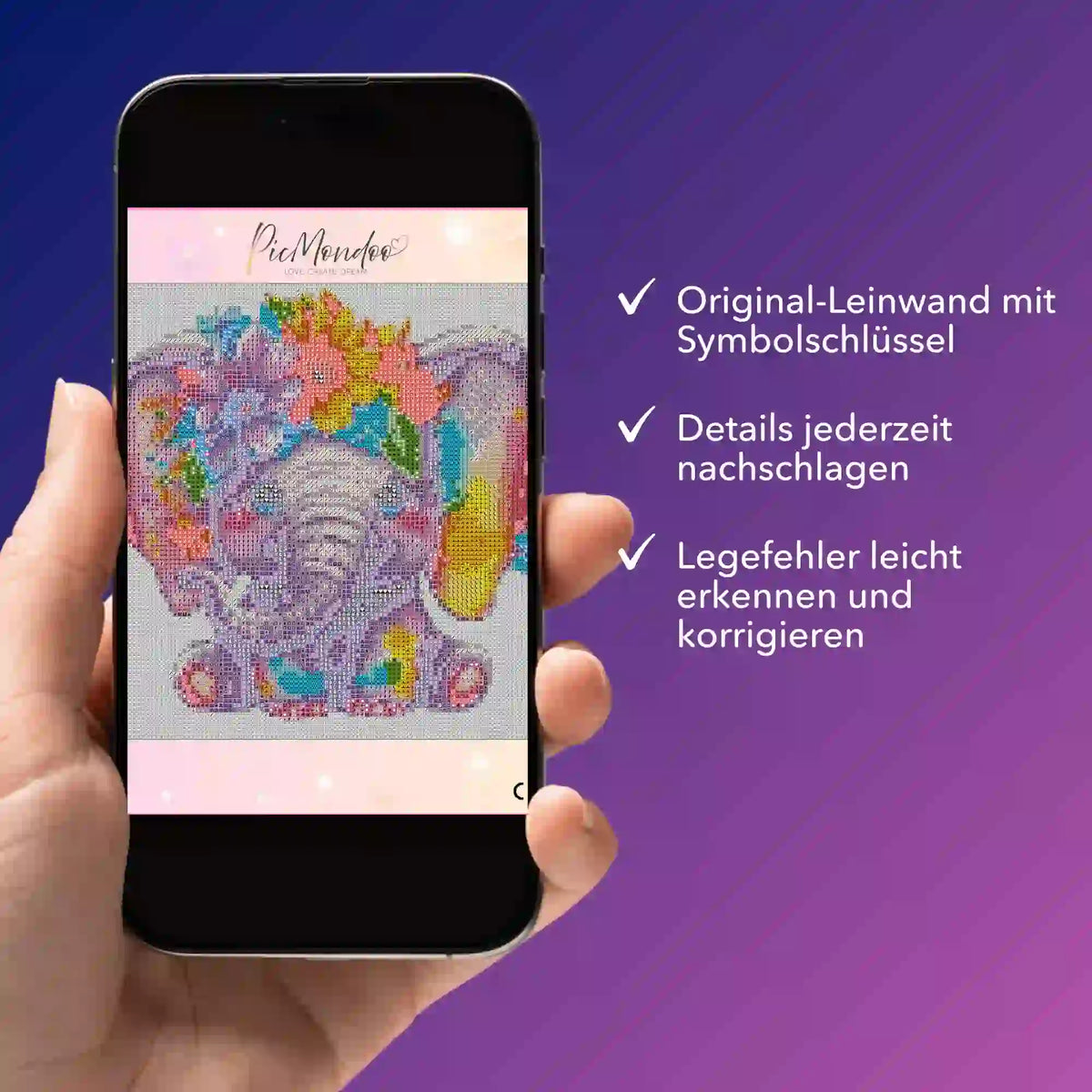 Digitale Diamond Painting Bildmappe als PDF mit Motiv Blumenelefant zur Kontrolle der Leinwand-Symbole auf dem Smartphone