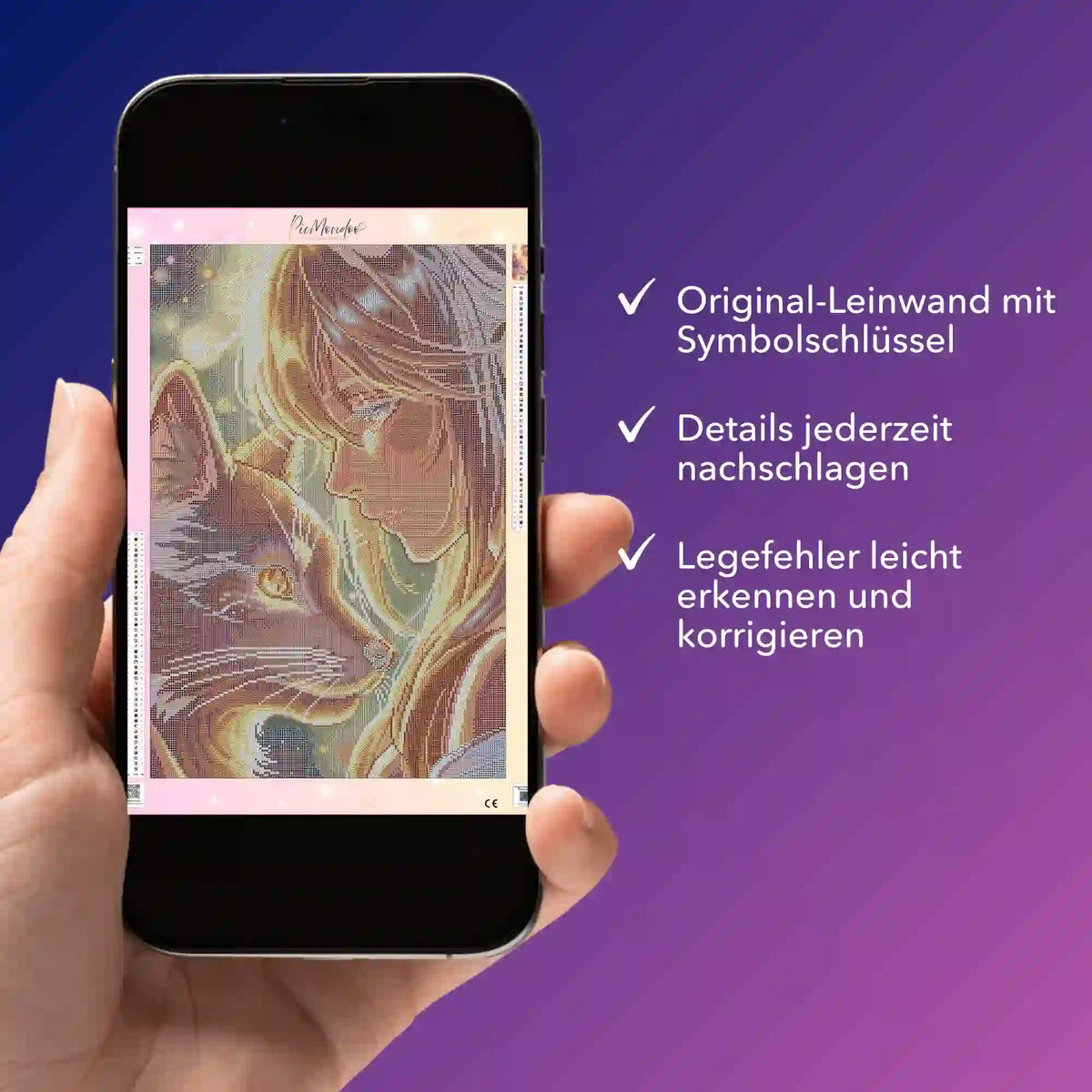 Digitale Diamond Painting Bildmappe auf Smartphone mit Leinwand Motiv eines Mädchens mit Katze für präzises Basteln