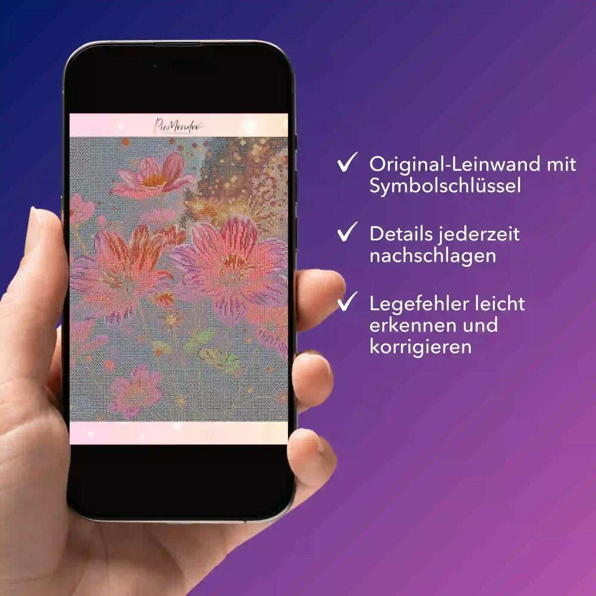 Digitale Diamond Painting Bildmappe Flower Sparkle als PDF auf dem Smartphone für einfache Kontrolle von Legefehlern