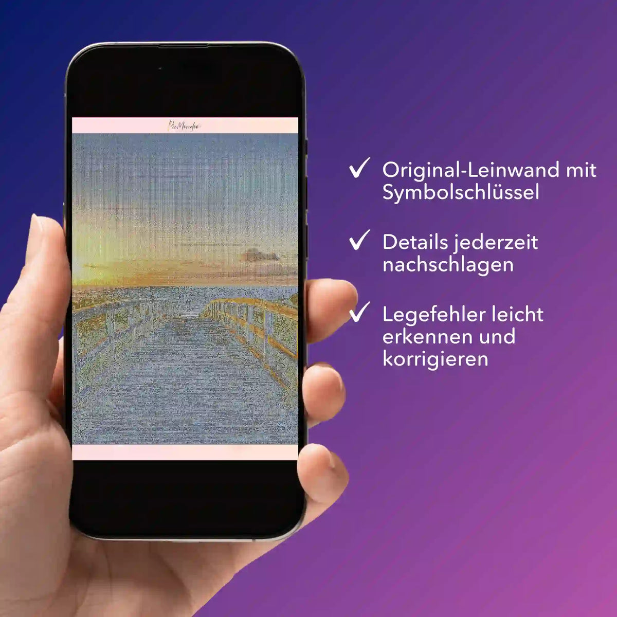Digitale Bildmappe auf Smartphone für dein Diamond Painting Set Strand der Ruhe mit Symbolschlüssel und Detailansicht