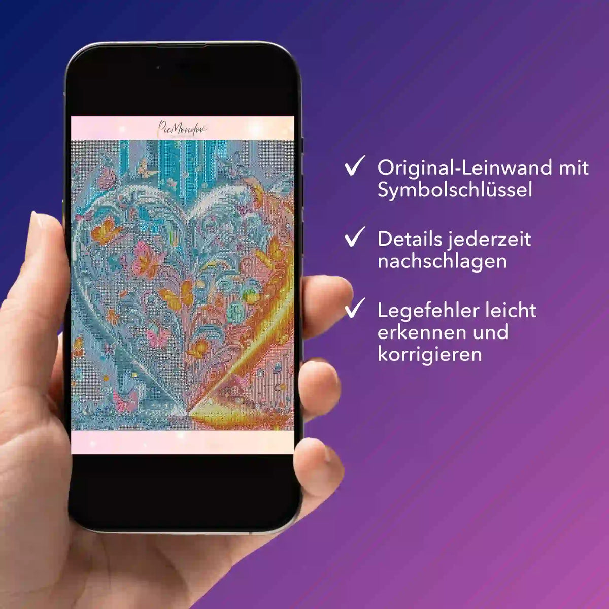 Digitale Diamond Painting Bildmappe mit Schmetterlingsherz-Motiv zur Kontrolle von Leinwand und Symbolschlüssel.