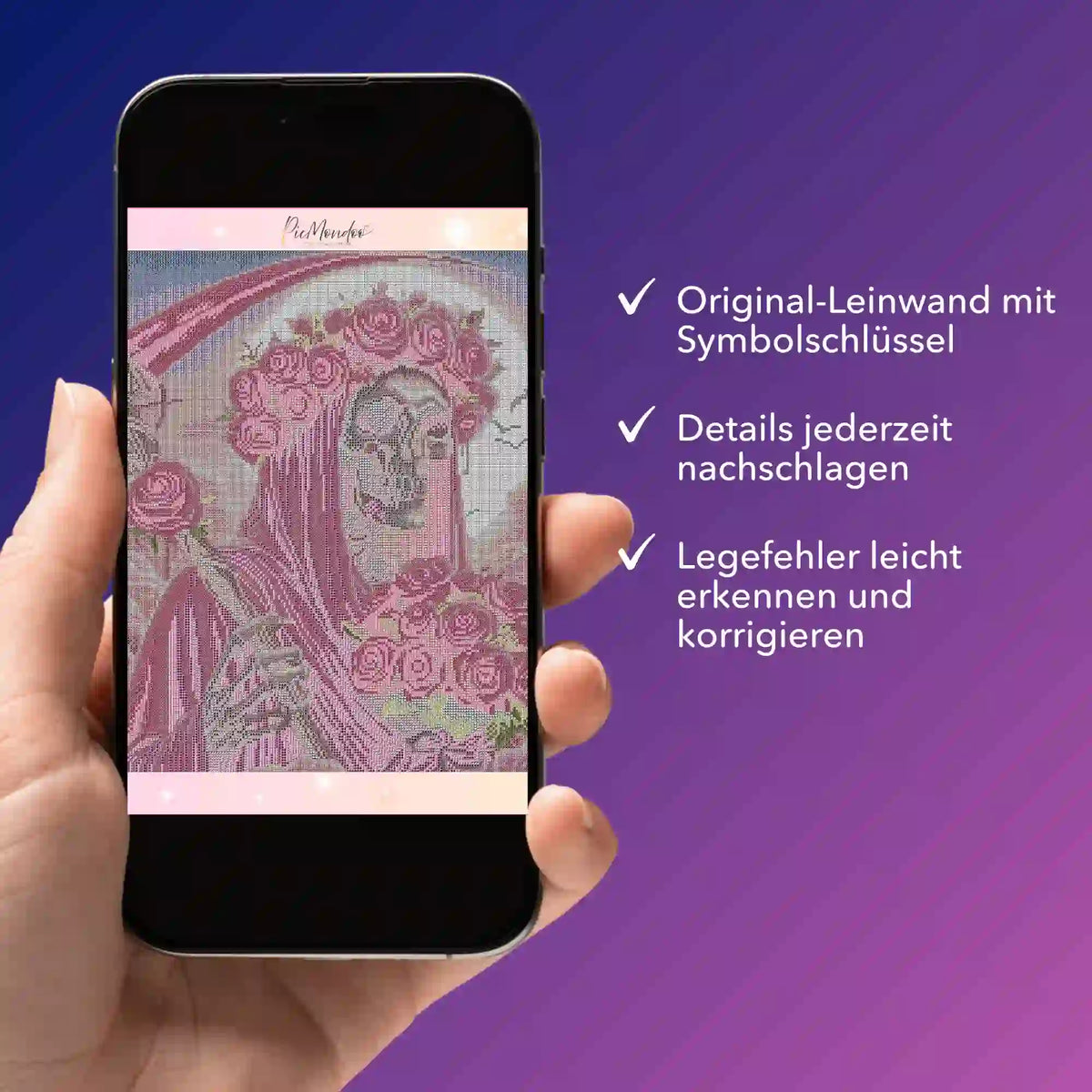 Digitale Diamond Painting Bildmappe Rosenträume auf Smartphone mit Symbolschlüssel zur Korrektur von Legefehlern