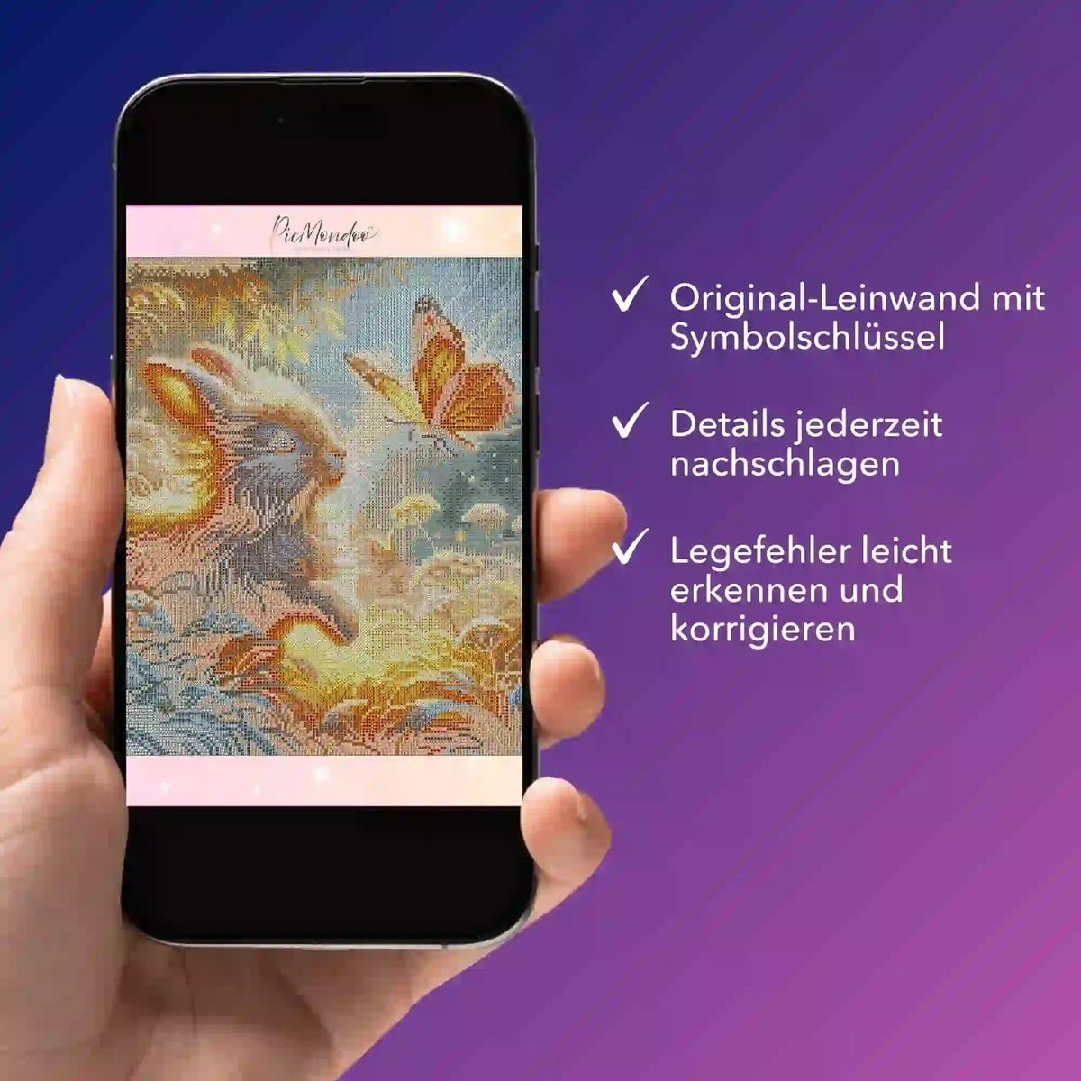 Digitale Diamond Painting Bildmappe als PDF auf Smartphone zur Kontrolle der Vorlage mit Häschen-Motiv bei Picmondoo